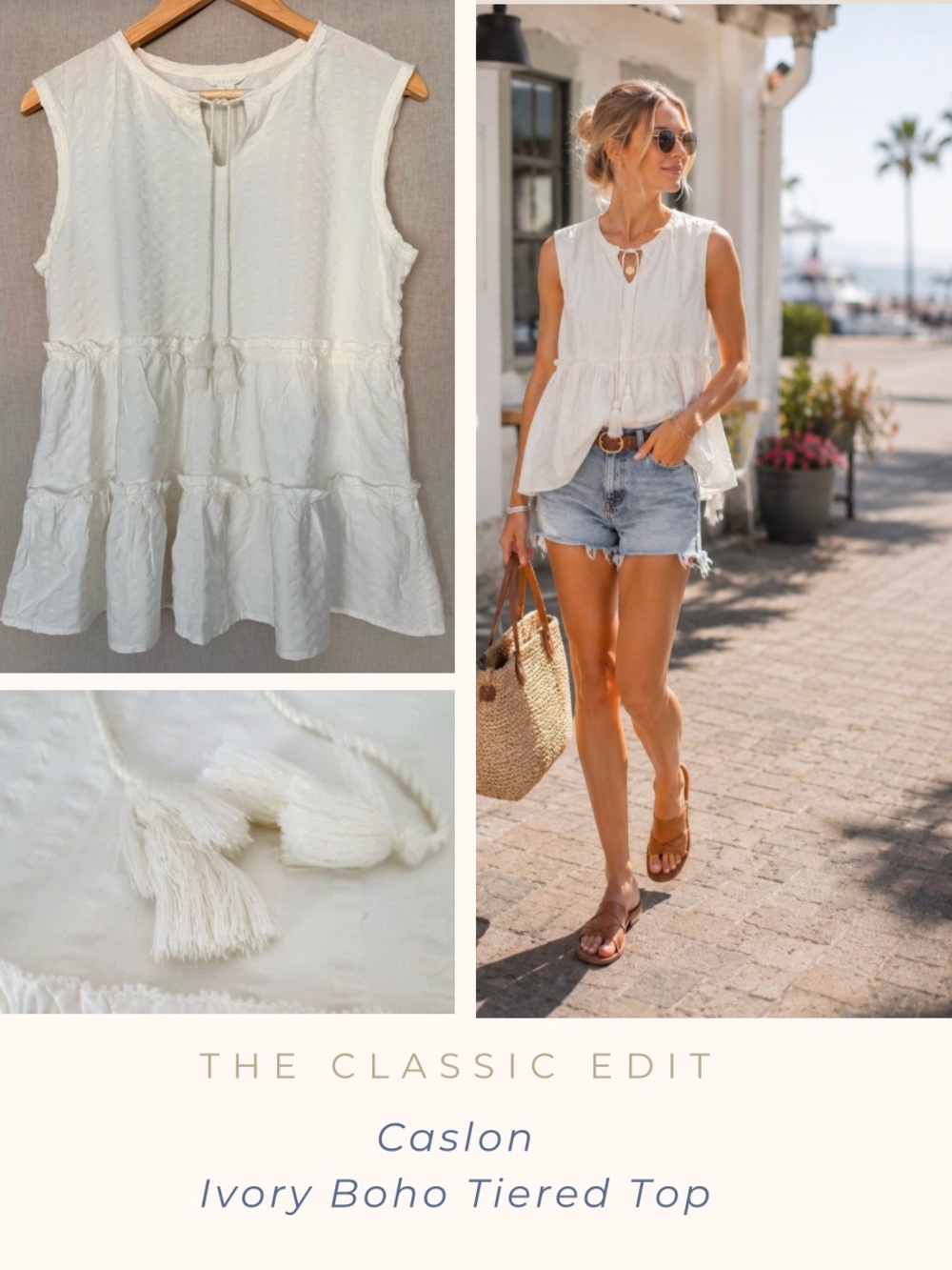 Caslon | Ivory Boho Tiered Babydoll Top | Tassel Tie Neck | Cotton Rayon Blouse